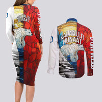 Kalaallit Nunaat Pride Couples Matching Long Sleeve Bodycon Dress and Long Sleeve Button Shirt Polar Bear Spirit in Stained Glass Style