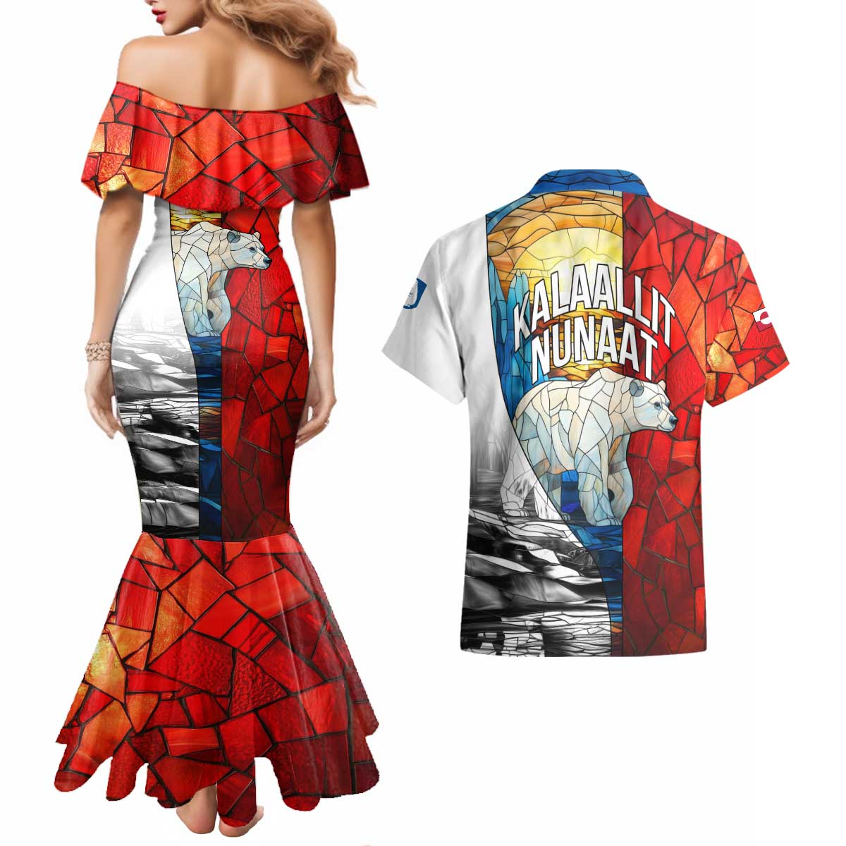 Kalaallit Nunaat Pride Couples Matching Mermaid Dress and Hawaiian Shirt Polar Bear Spirit in Stained Glass Style