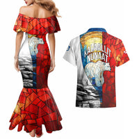 Kalaallit Nunaat Pride Couples Matching Mermaid Dress and Hawaiian Shirt Polar Bear Spirit in Stained Glass Style