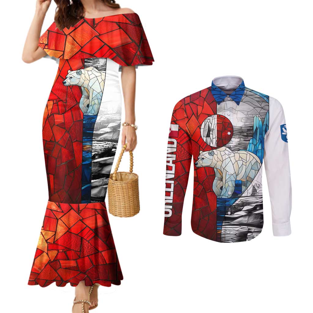 Kalaallit Nunaat Pride Couples Matching Mermaid Dress and Long Sleeve Button Shirt Polar Bear Spirit in Stained Glass Style