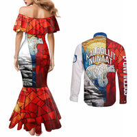 Kalaallit Nunaat Pride Couples Matching Mermaid Dress and Long Sleeve Button Shirt Polar Bear Spirit in Stained Glass Style
