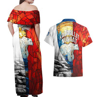 Kalaallit Nunaat Pride Couples Matching Off Shoulder Maxi Dress and Hawaiian Shirt Polar Bear Spirit in Stained Glass Style