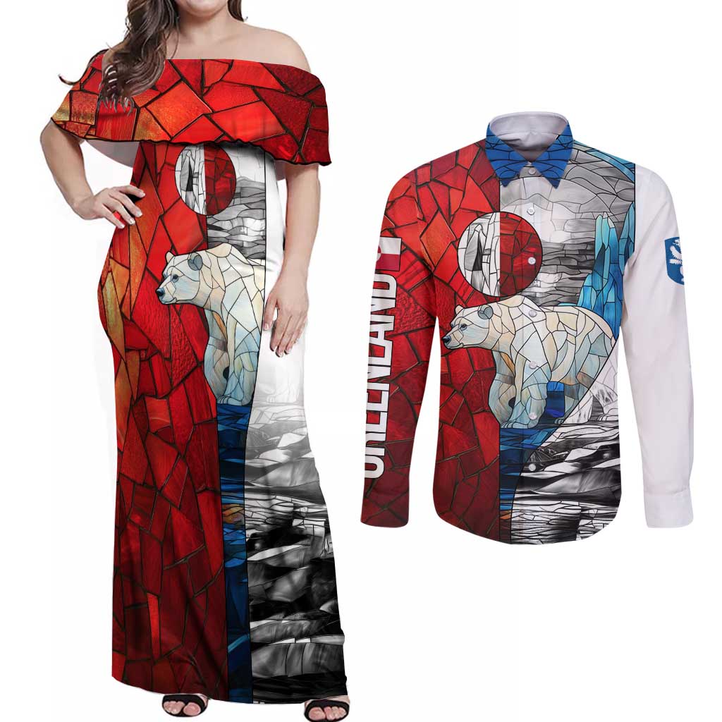 Kalaallit Nunaat Pride Couples Matching Off Shoulder Maxi Dress and Long Sleeve Button Shirt Polar Bear Spirit in Stained Glass Style
