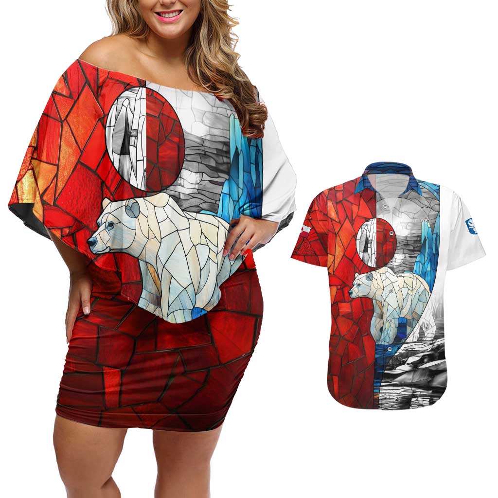 Kalaallit Nunaat Pride Couples Matching Off Shoulder Short Dress and Hawaiian Shirt Polar Bear Spirit in Stained Glass Style