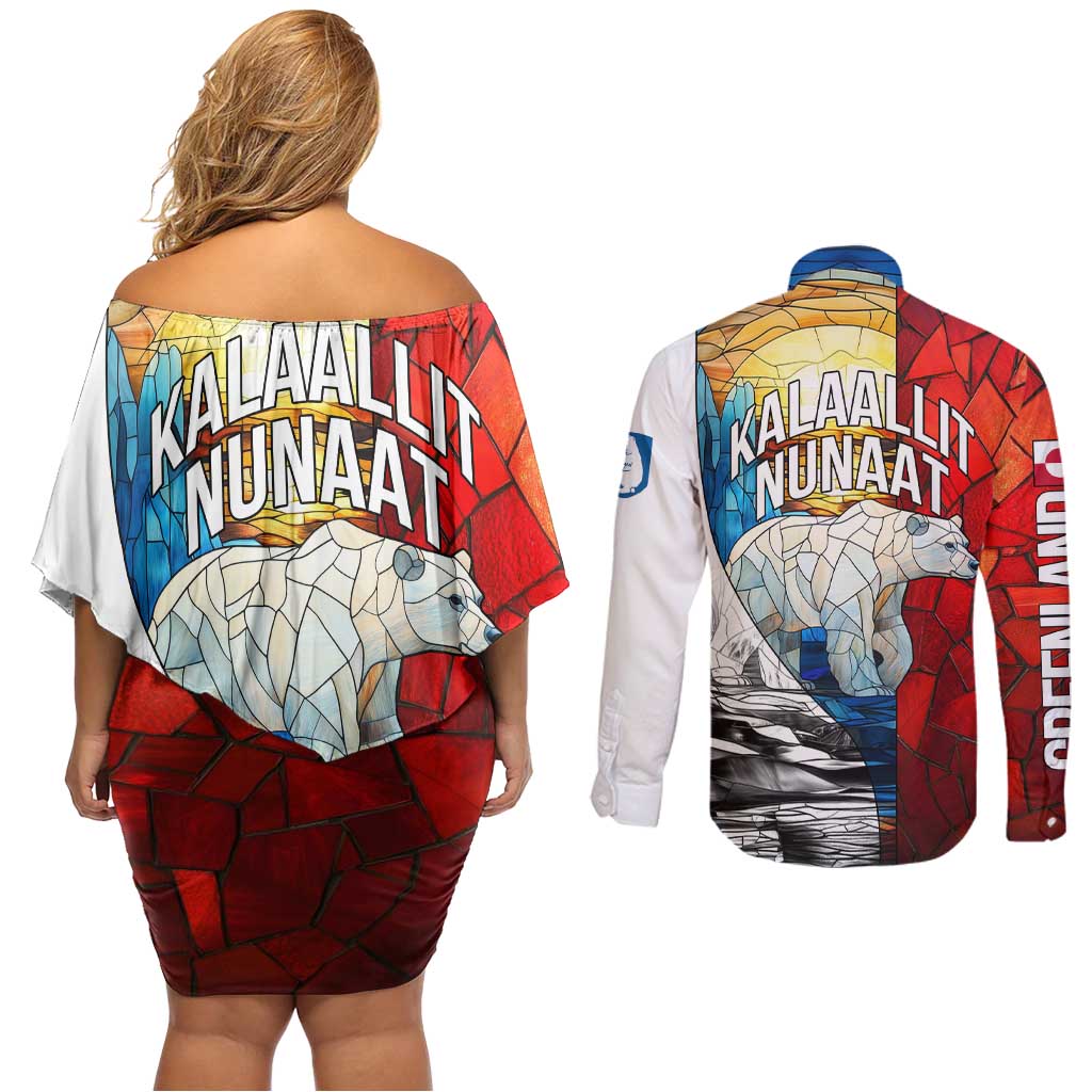Kalaallit Nunaat Pride Couples Matching Off Shoulder Short Dress and Long Sleeve Button Shirt Polar Bear Spirit in Stained Glass Style