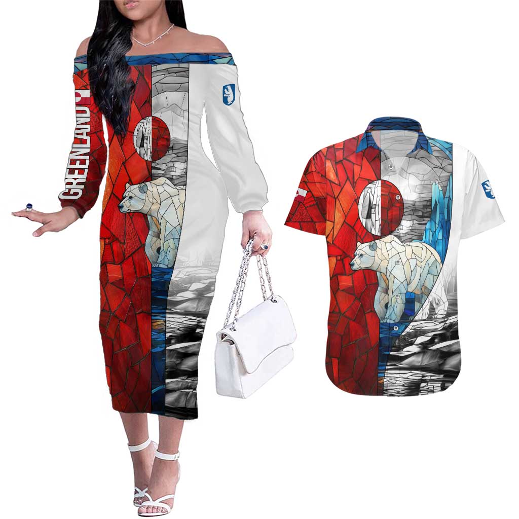 Kalaallit Nunaat Pride Couples Matching Off The Shoulder Long Sleeve Dress and Hawaiian Shirt Polar Bear Spirit in Stained Glass Style