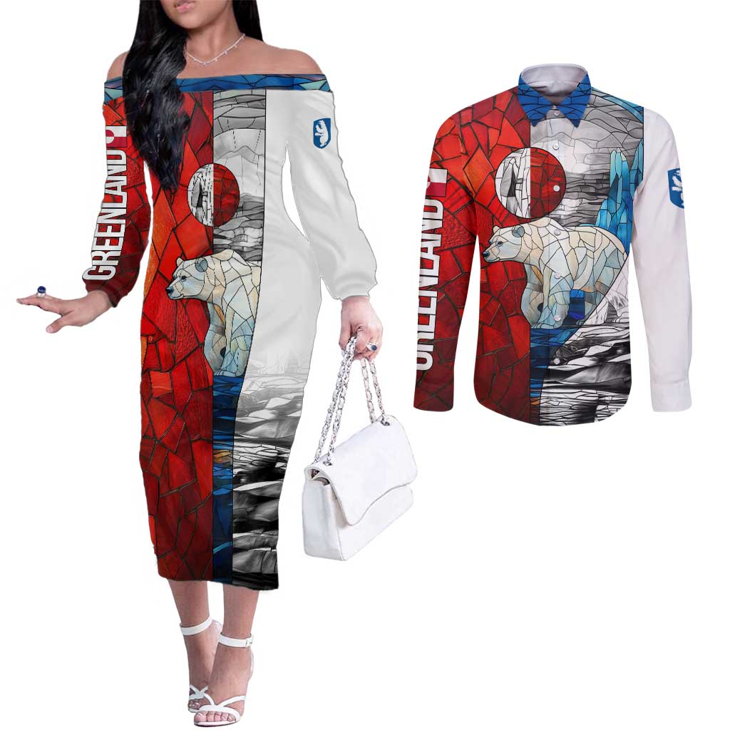 Kalaallit Nunaat Pride Couples Matching Off The Shoulder Long Sleeve Dress and Long Sleeve Button Shirt Polar Bear Spirit in Stained Glass Style