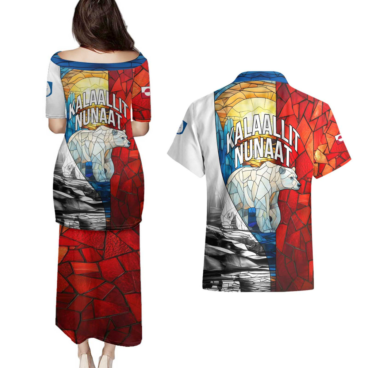 Kalaallit Nunaat Pride Couples Matching Puletasi and Hawaiian Shirt Polar Bear Spirit in Stained Glass Style