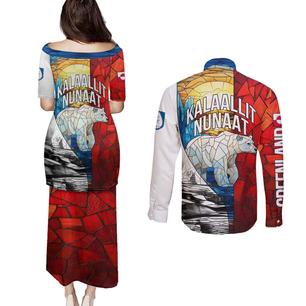 Kalaallit Nunaat Pride Couples Matching Puletasi and Long Sleeve Button Shirt Polar Bear Spirit in Stained Glass Style
