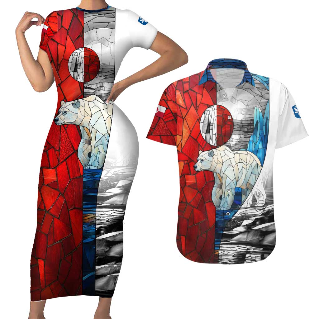 Kalaallit Nunaat Pride Couples Matching Short Sleeve Bodycon Dress and Hawaiian Shirt Polar Bear Spirit in Stained Glass Style