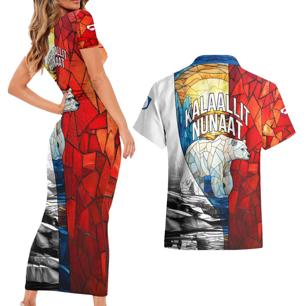 Kalaallit Nunaat Pride Couples Matching Short Sleeve Bodycon Dress and Hawaiian Shirt Polar Bear Spirit in Stained Glass Style