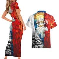 Kalaallit Nunaat Pride Couples Matching Short Sleeve Bodycon Dress and Hawaiian Shirt Polar Bear Spirit in Stained Glass Style