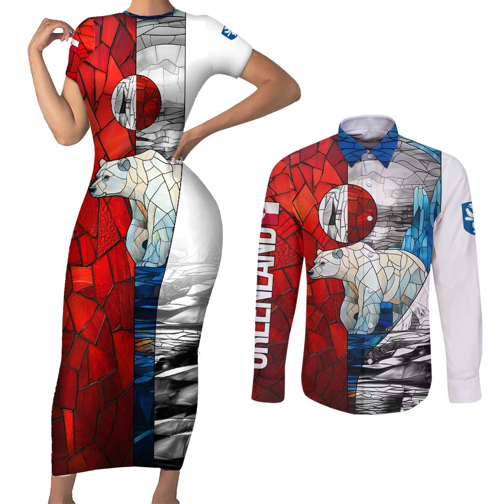 Kalaallit Nunaat Pride Couples Matching Short Sleeve Bodycon Dress and Long Sleeve Button Shirt Polar Bear Spirit in Stained Glass Style
