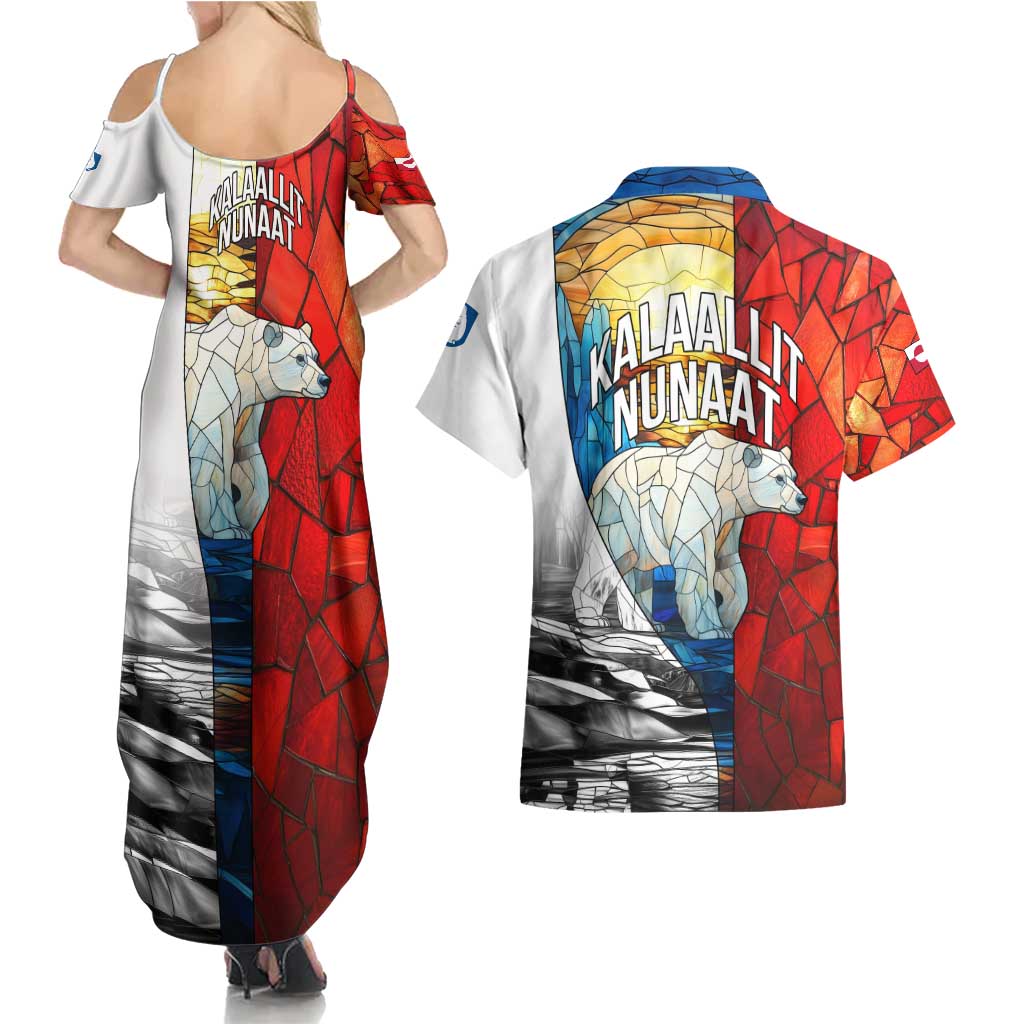Kalaallit Nunaat Pride Couples Matching Summer Maxi Dress and Hawaiian Shirt Polar Bear Spirit in Stained Glass Style
