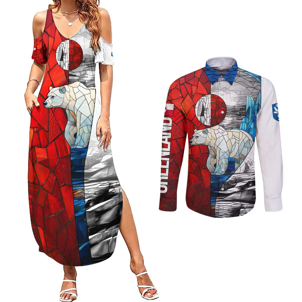 Kalaallit Nunaat Pride Couples Matching Summer Maxi Dress and Long Sleeve Button Shirt Polar Bear Spirit in Stained Glass Style