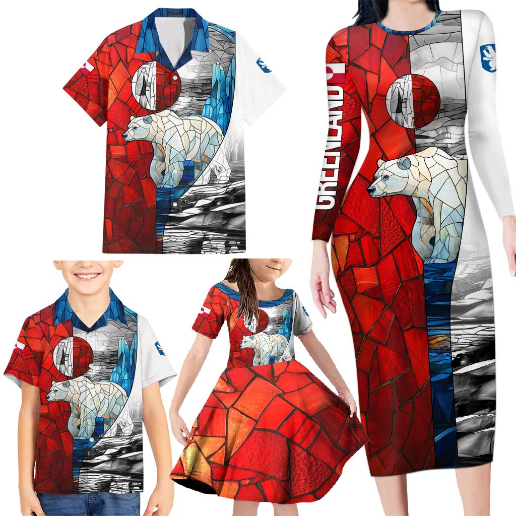 Kalaallit Nunaat Pride Family Matching Long Sleeve Bodycon Dress and Hawaiian Shirt Polar Bear Spirit in Stained Glass Style