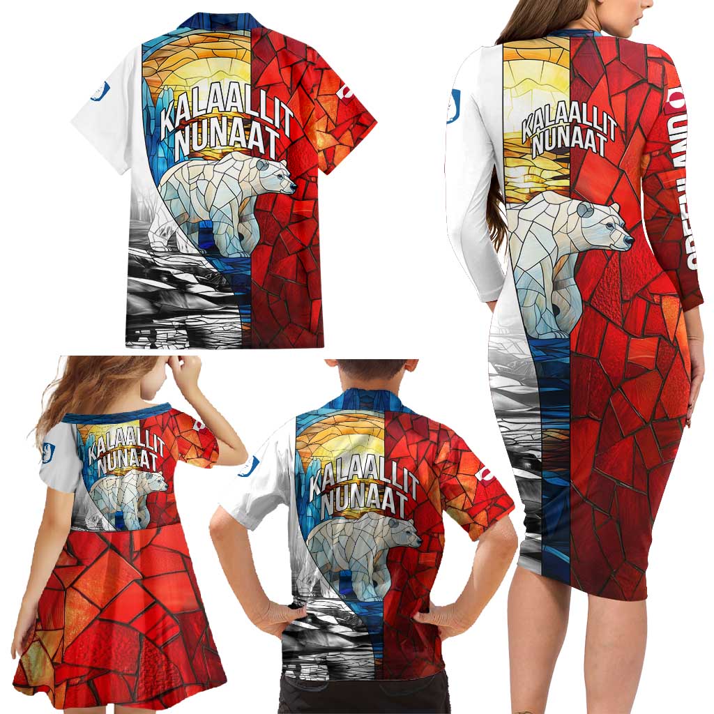 Kalaallit Nunaat Pride Family Matching Long Sleeve Bodycon Dress and Hawaiian Shirt Polar Bear Spirit in Stained Glass Style