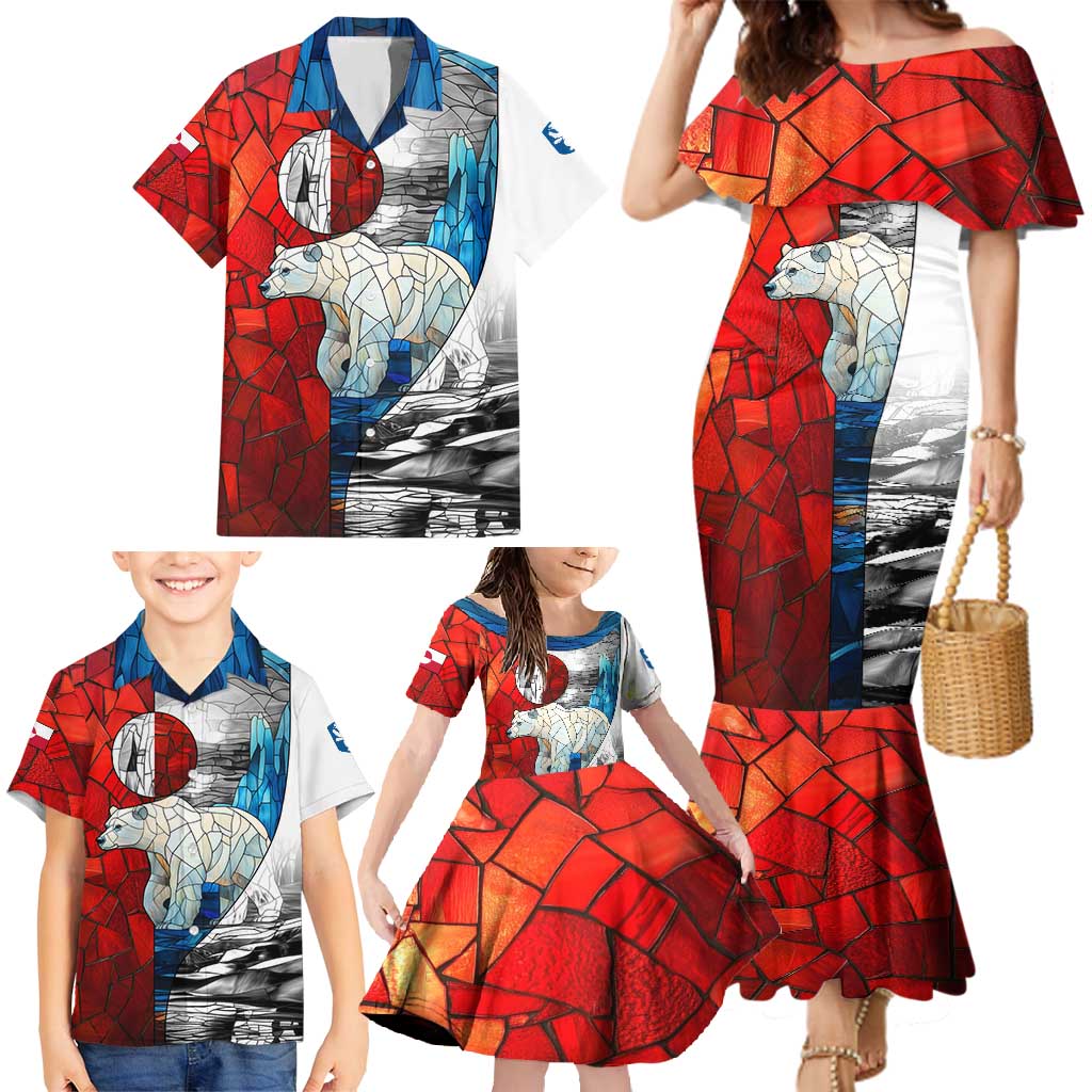 Kalaallit Nunaat Pride Family Matching Mermaid Dress and Hawaiian Shirt Polar Bear Spirit in Stained Glass Style