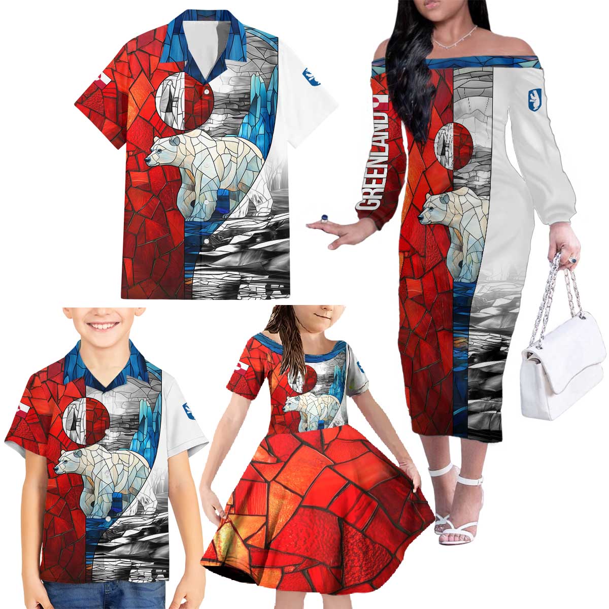 Kalaallit Nunaat Pride Family Matching Off The Shoulder Long Sleeve Dress and Hawaiian Shirt Polar Bear Spirit in Stained Glass Style