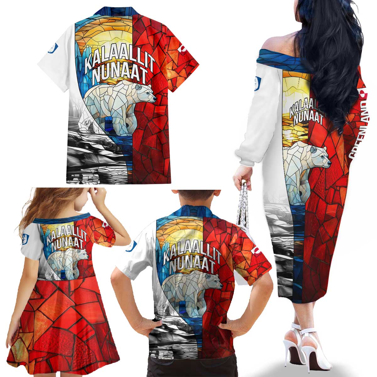 Kalaallit Nunaat Pride Family Matching Off The Shoulder Long Sleeve Dress and Hawaiian Shirt Polar Bear Spirit in Stained Glass Style