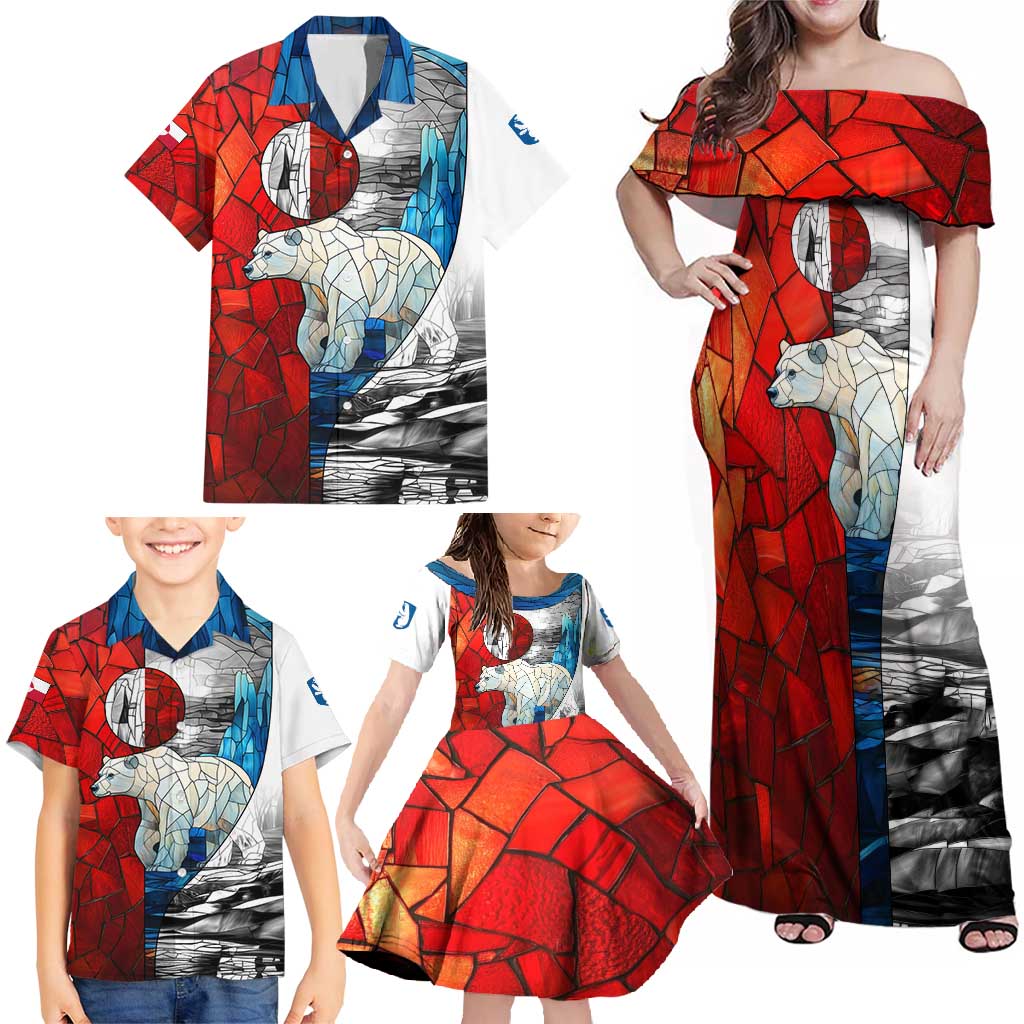 Kalaallit Nunaat Pride Family Matching Off Shoulder Maxi Dress and Hawaiian Shirt Polar Bear Spirit in Stained Glass Style