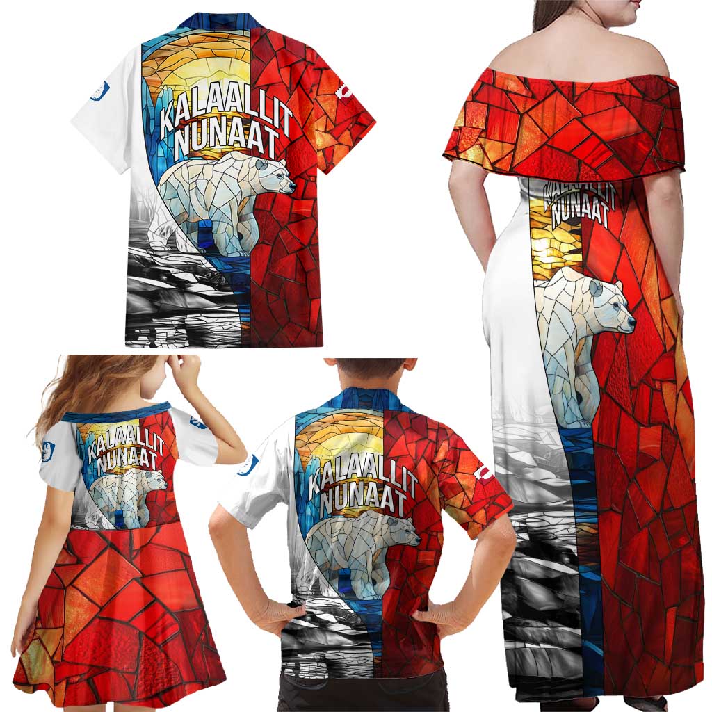 Kalaallit Nunaat Pride Family Matching Off Shoulder Maxi Dress and Hawaiian Shirt Polar Bear Spirit in Stained Glass Style