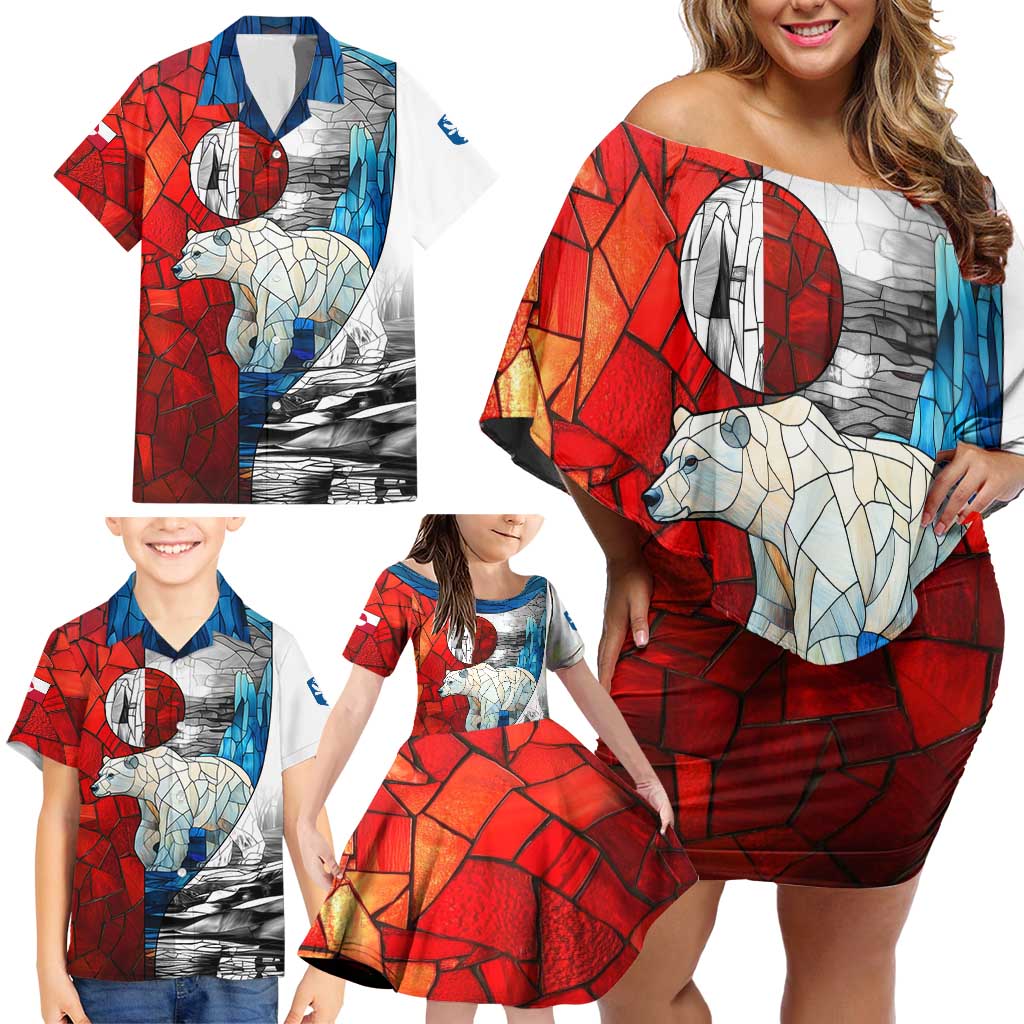 Kalaallit Nunaat Pride Family Matching Off Shoulder Short Dress and Hawaiian Shirt Polar Bear Spirit in Stained Glass Style