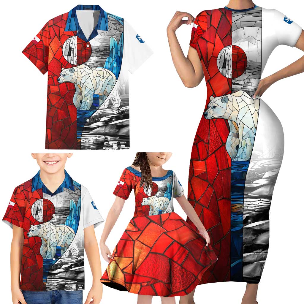 Kalaallit Nunaat Pride Family Matching Short Sleeve Bodycon Dress and Hawaiian Shirt Polar Bear Spirit in Stained Glass Style
