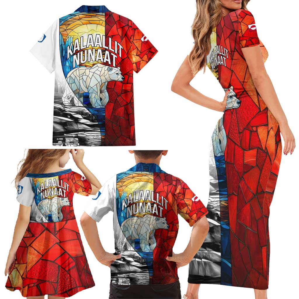 Kalaallit Nunaat Pride Family Matching Short Sleeve Bodycon Dress and Hawaiian Shirt Polar Bear Spirit in Stained Glass Style
