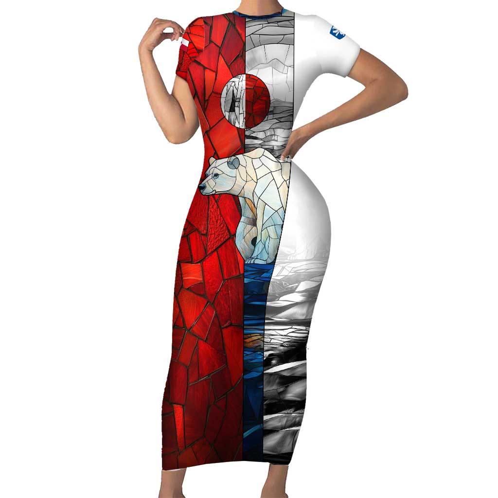Kalaallit Nunaat Pride Family Matching Short Sleeve Bodycon Dress and Hawaiian Shirt Polar Bear Spirit in Stained Glass Style