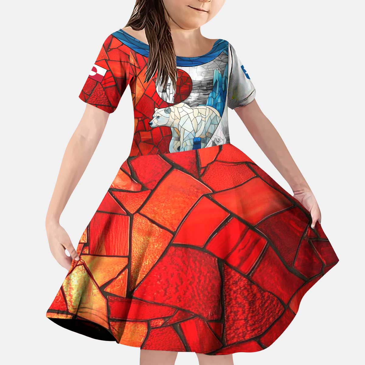 Kalaallit Nunaat Pride Kid Short Sleeve Dress Polar Bear Spirit in Stained Glass Style