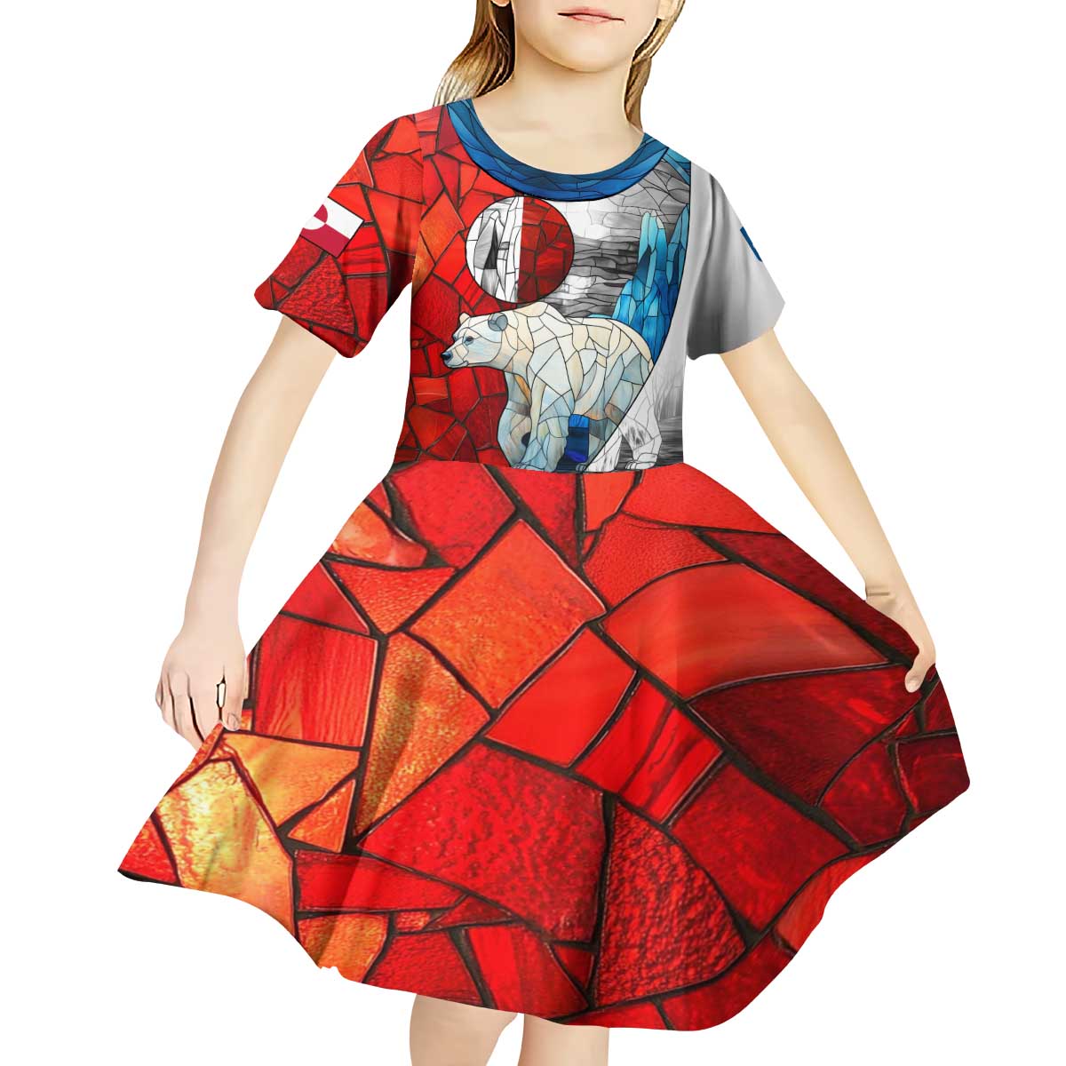 Kalaallit Nunaat Pride Kid Short Sleeve Dress Polar Bear Spirit in Stained Glass Style