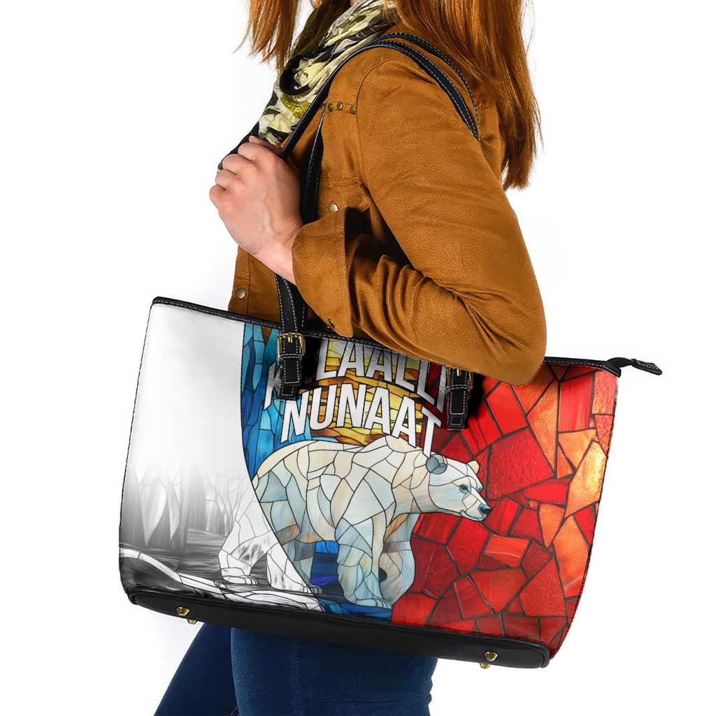 Kalaallit Nunaat Pride Leather Tote Bag Polar Bear Spirit in Stained Glass Style
