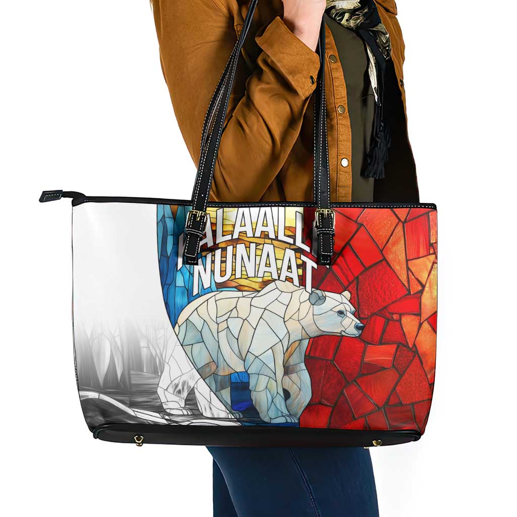 Kalaallit Nunaat Pride Leather Tote Bag Polar Bear Spirit in Stained Glass Style