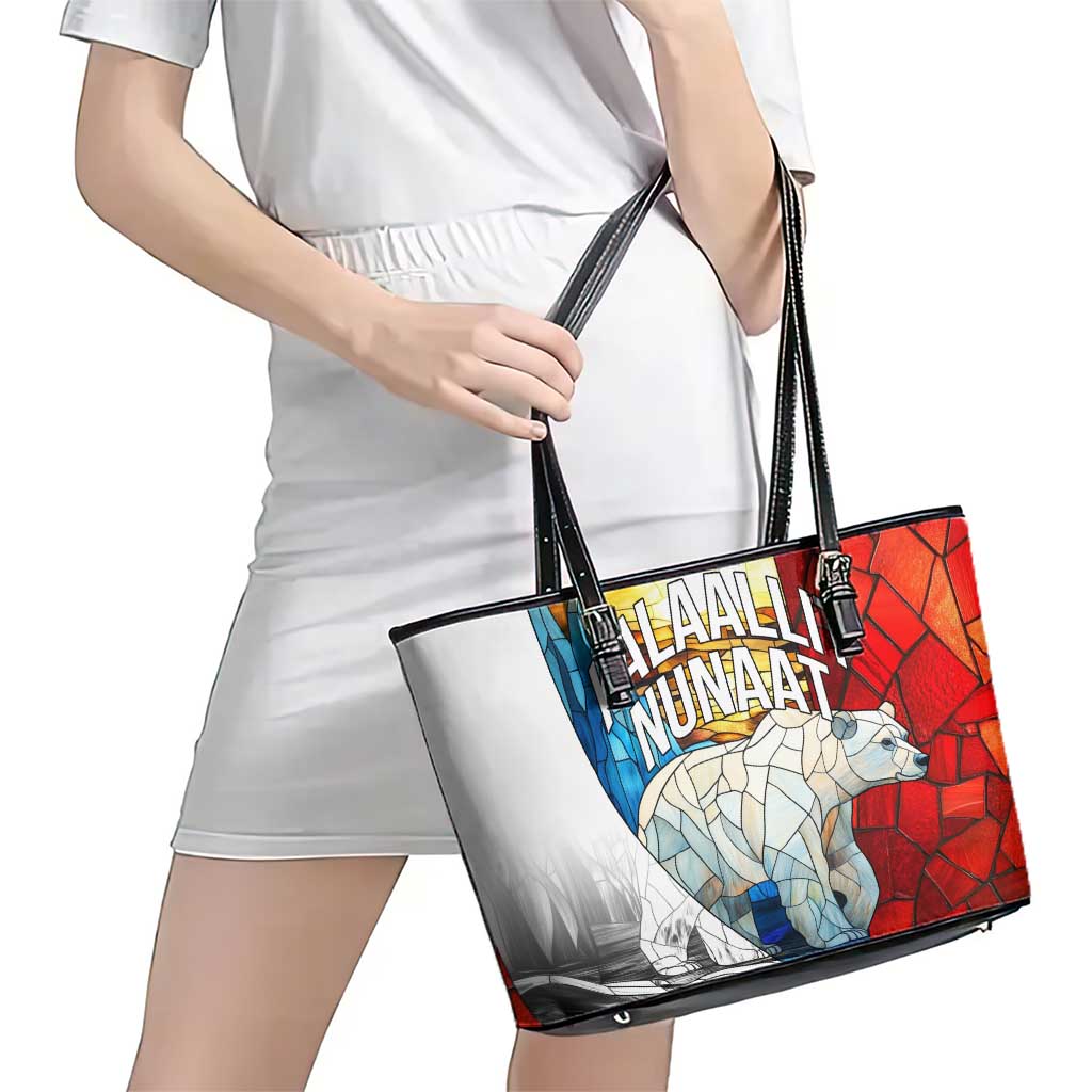 Kalaallit Nunaat Pride Leather Tote Bag Polar Bear Spirit in Stained Glass Style