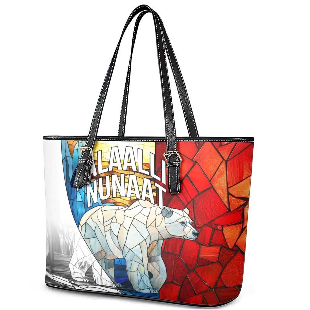 Kalaallit Nunaat Pride Leather Tote Bag Polar Bear Spirit in Stained Glass Style