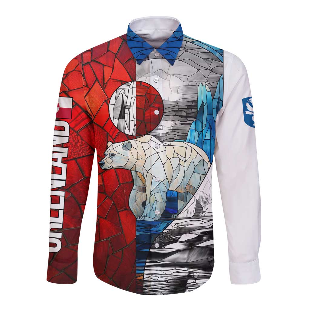 Kalaallit Nunaat Pride Long Sleeve Button Shirt Polar Bear Spirit in Stained Glass Style