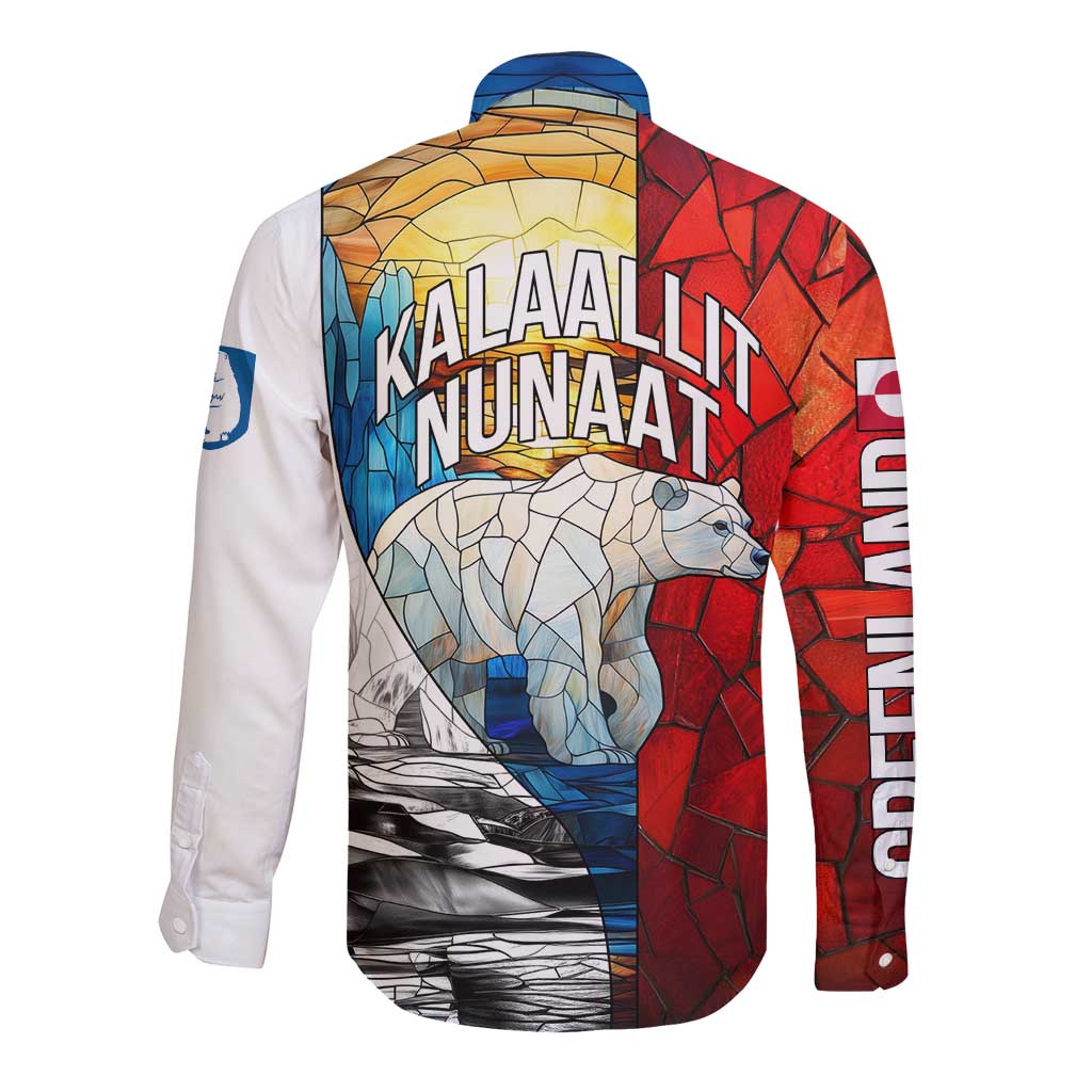 Kalaallit Nunaat Pride Long Sleeve Button Shirt Polar Bear Spirit in Stained Glass Style