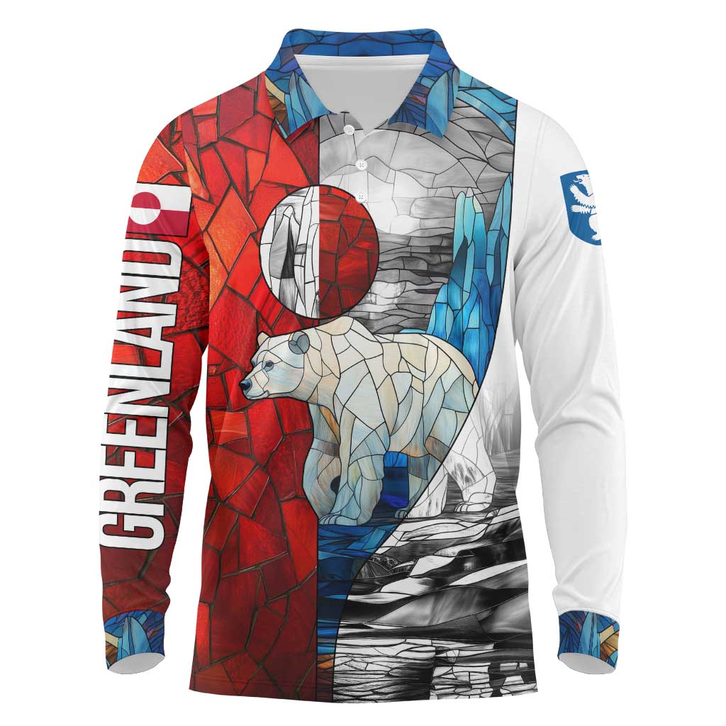 Kalaallit Nunaat Pride Long Sleeve Polo Shirt Polar Bear Spirit in Stained Glass Style