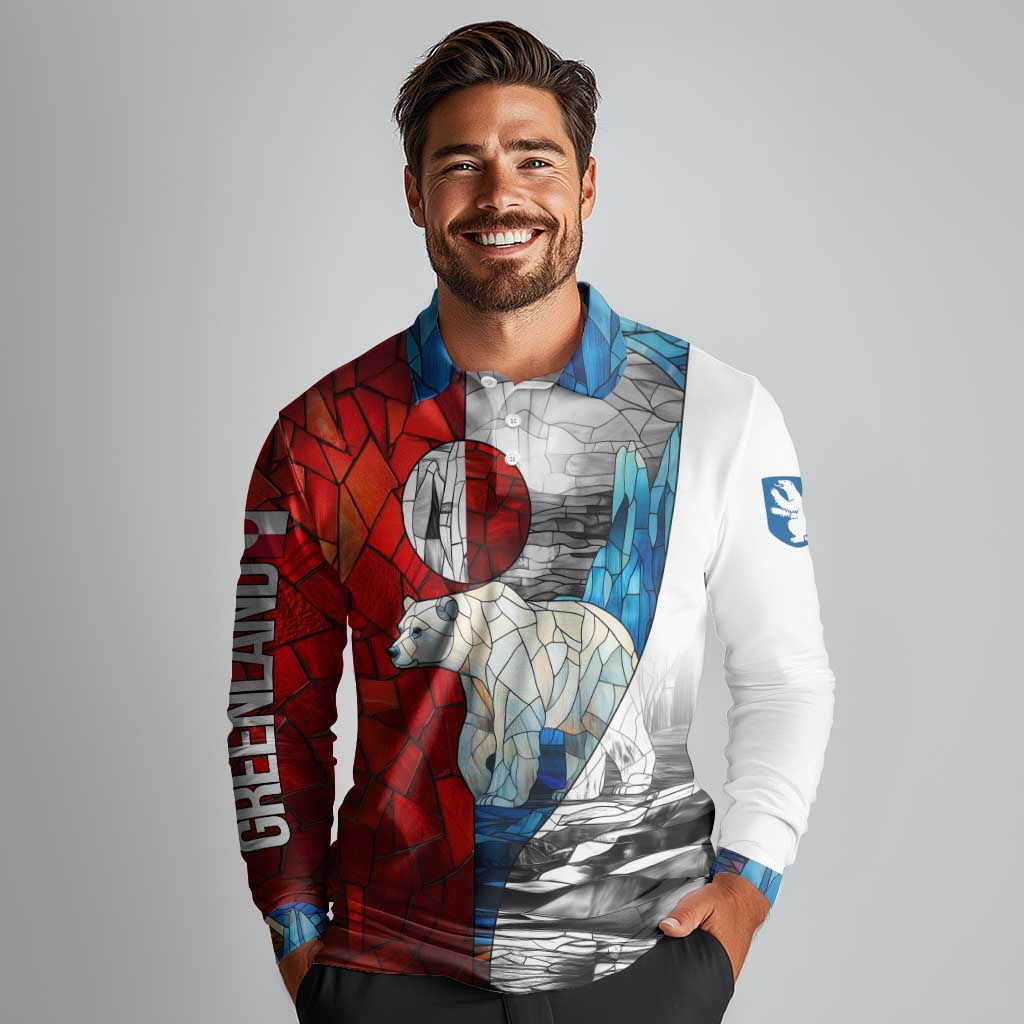 Kalaallit Nunaat Pride Long Sleeve Polo Shirt Polar Bear Spirit in Stained Glass Style