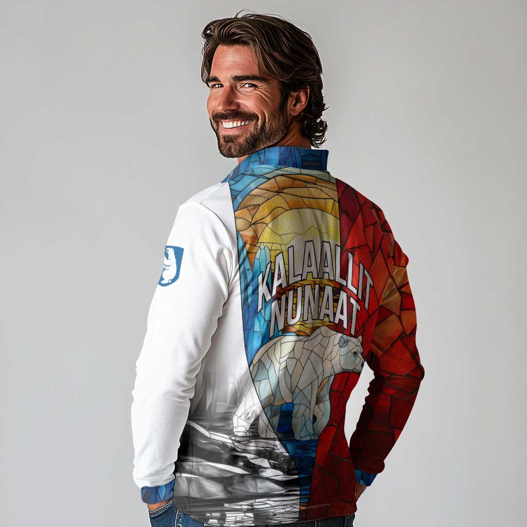 Kalaallit Nunaat Pride Long Sleeve Polo Shirt Polar Bear Spirit in Stained Glass Style