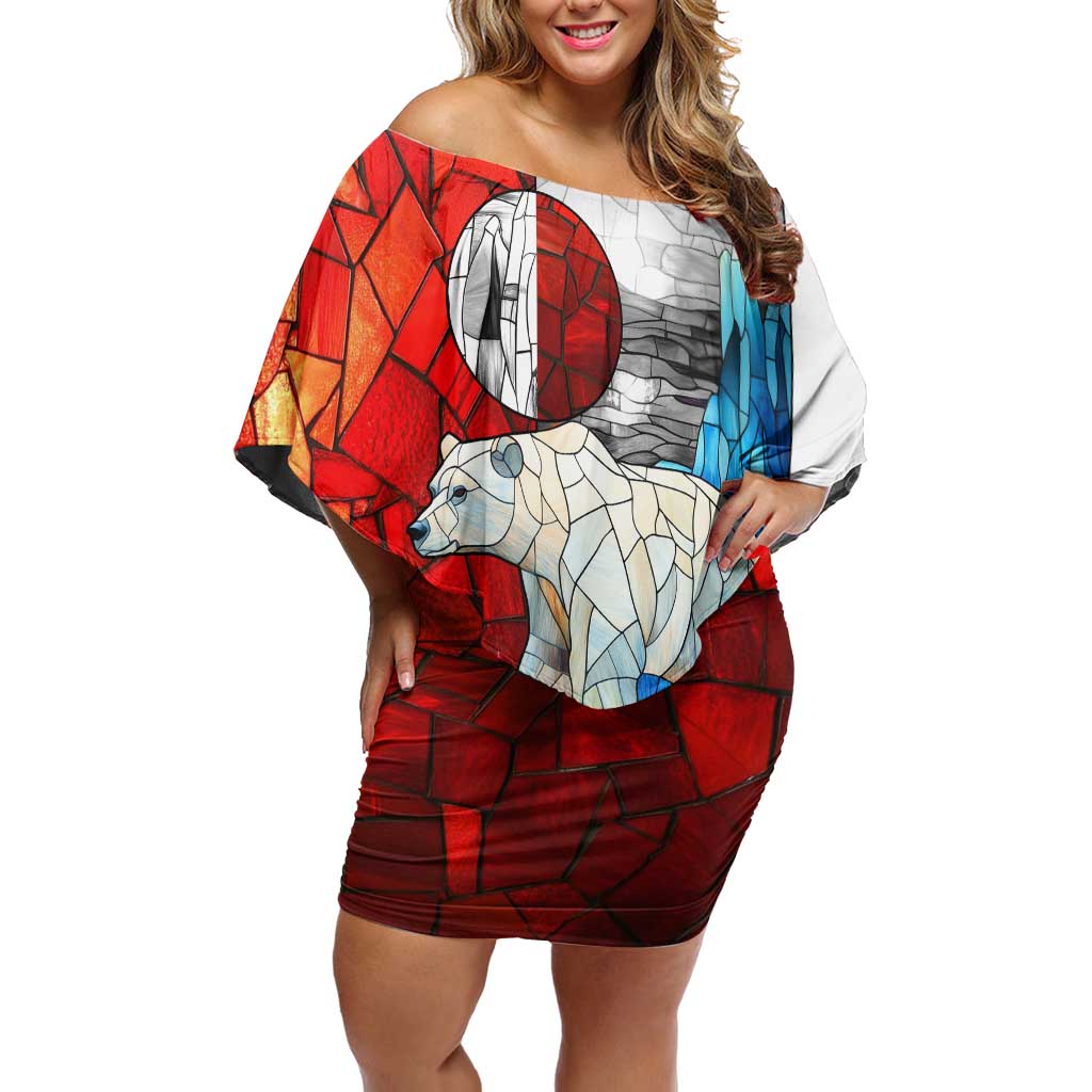 Kalaallit Nunaat Pride Off Shoulder Short Dress Polar Bear Spirit in Stained Glass Style