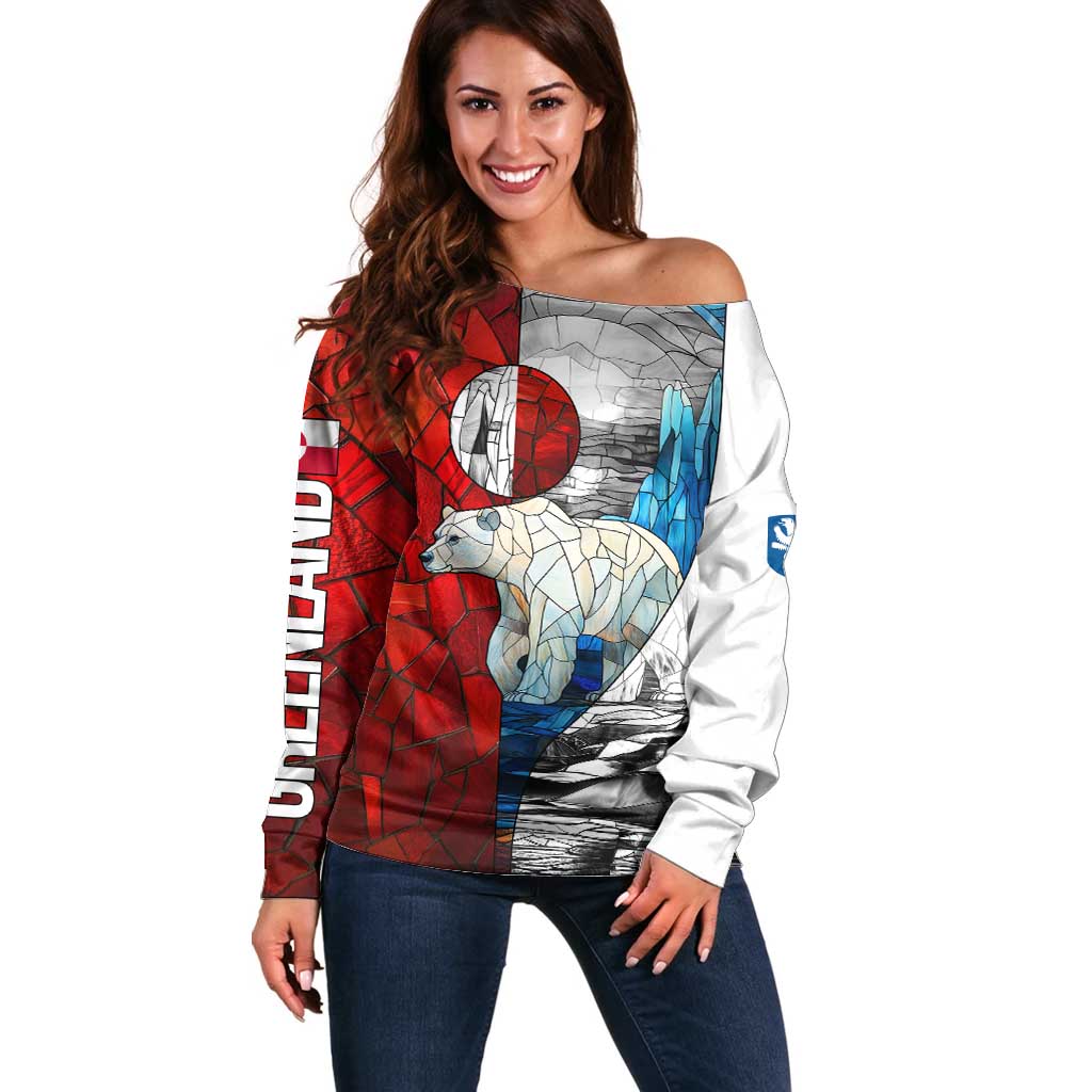 Kalaallit Nunaat Pride Off Shoulder Sweater Polar Bear Spirit in Stained Glass Style