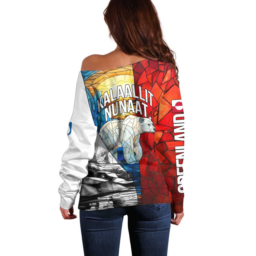Kalaallit Nunaat Pride Off Shoulder Sweater Polar Bear Spirit in Stained Glass Style