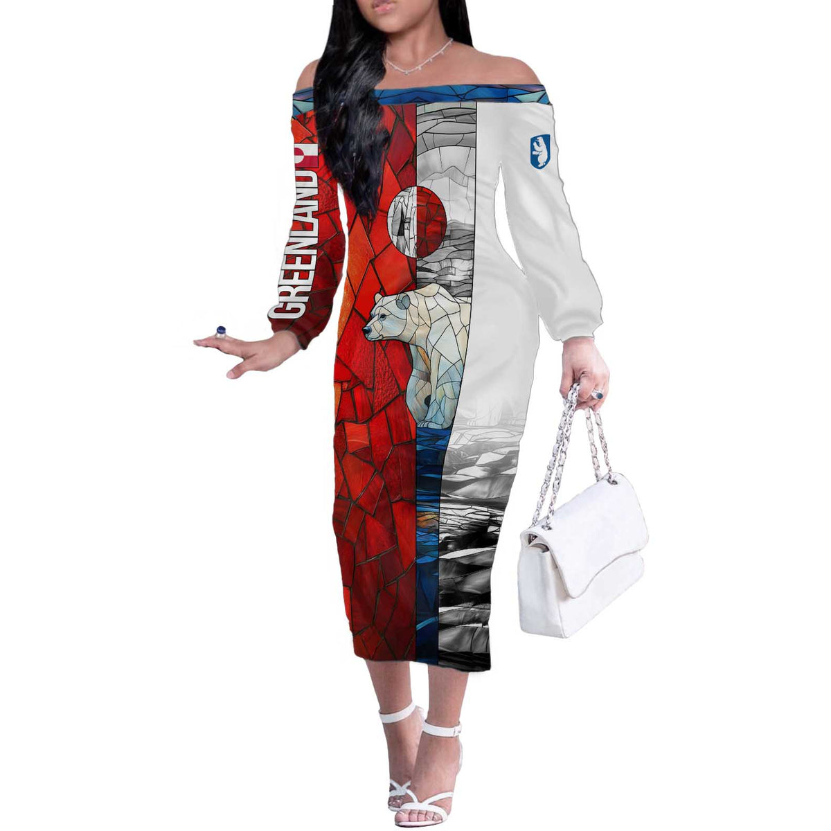 Kalaallit Nunaat Pride Off The Shoulder Long Sleeve Dress Polar Bear Spirit in Stained Glass Style