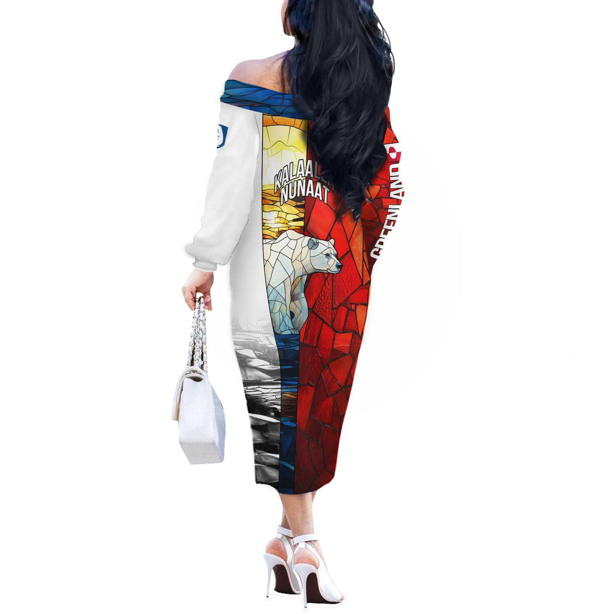 Kalaallit Nunaat Pride Off The Shoulder Long Sleeve Dress Polar Bear Spirit in Stained Glass Style