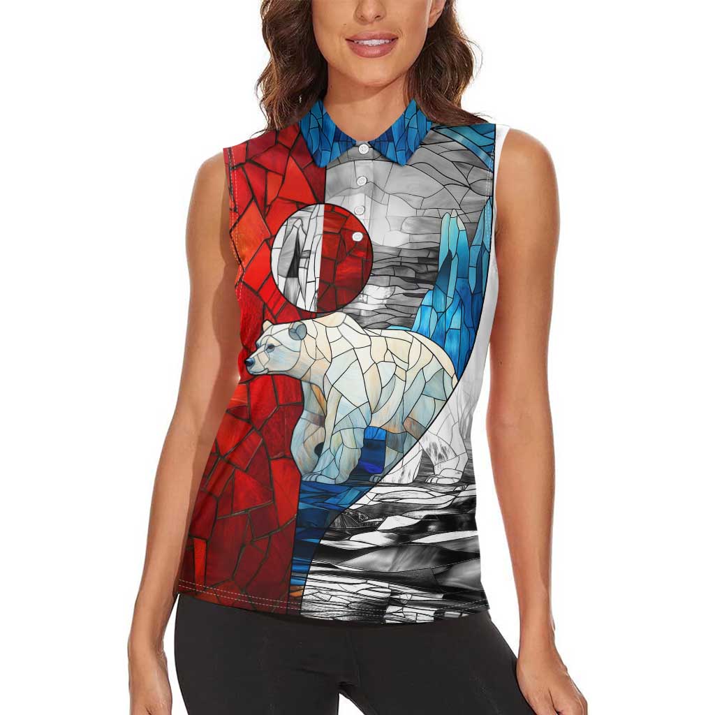 Kalaallit Nunaat Pride Women Sleeveless Polo Shirt Polar Bear Spirit in Stained Glass Style