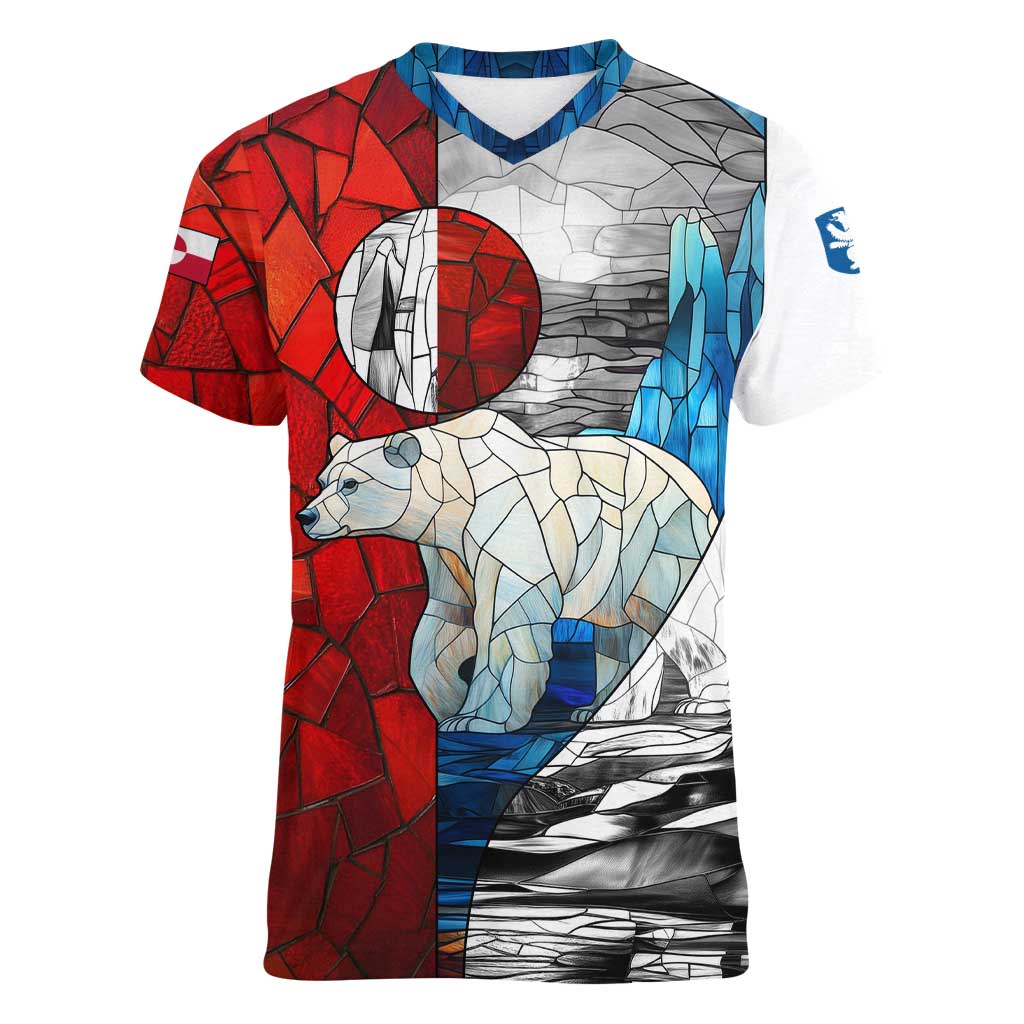 Kalaallit Nunaat Pride Women V-Neck T-Shirt Polar Bear Spirit in Stained Glass Style