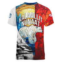 Kalaallit Nunaat Pride Women V-Neck T-Shirt Polar Bear Spirit in Stained Glass Style