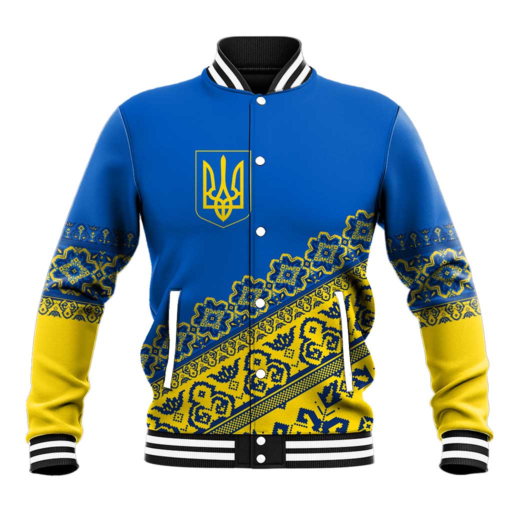 Ukraine Heritage Pride – Vyshyvanka Pattern Baseball Jacket with National Symbol in Blue & Yellow